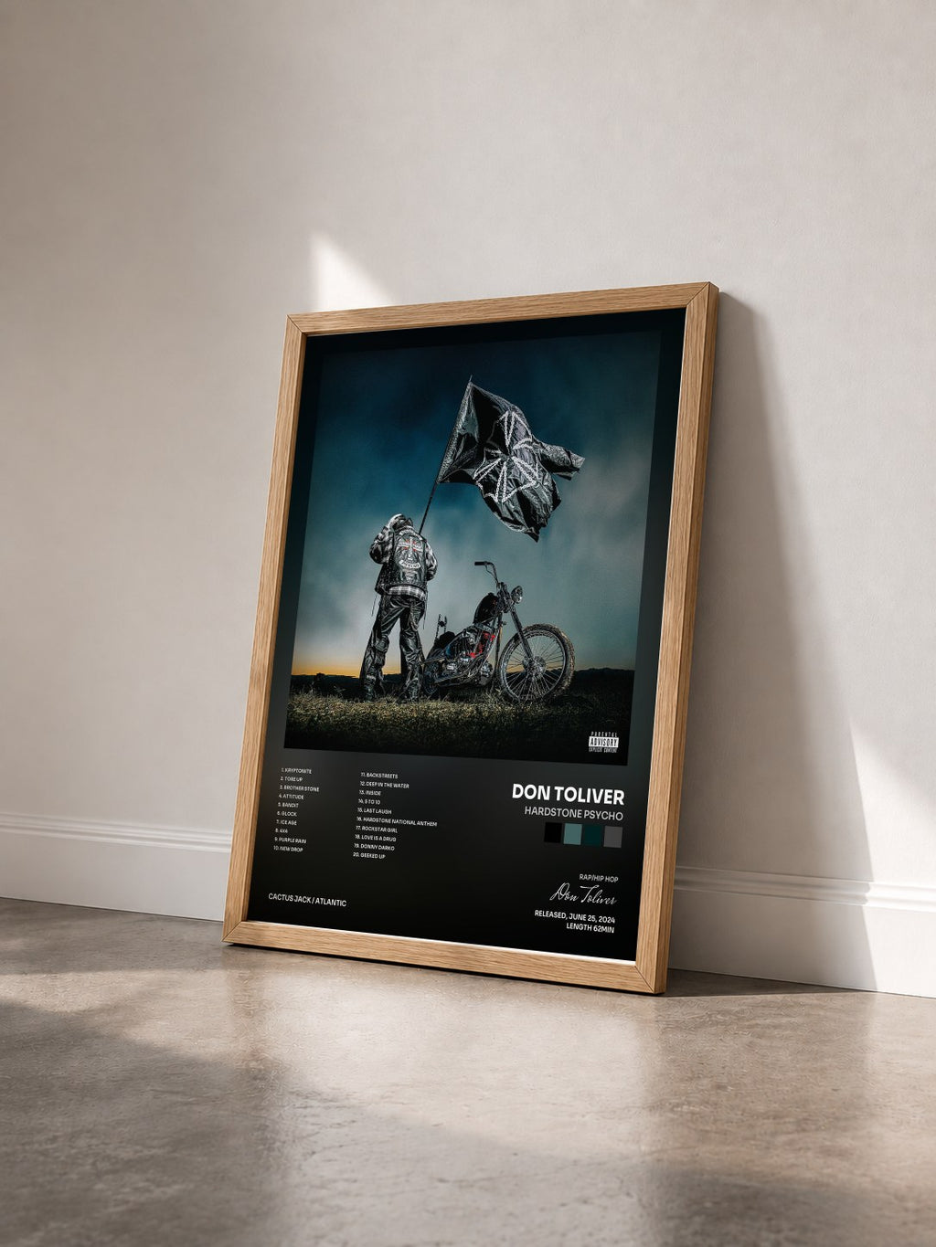 #bois Tableau de l'album HARDSTONE PSYCHO de Don Toliver vu de trois quarts, cadre en bois brut