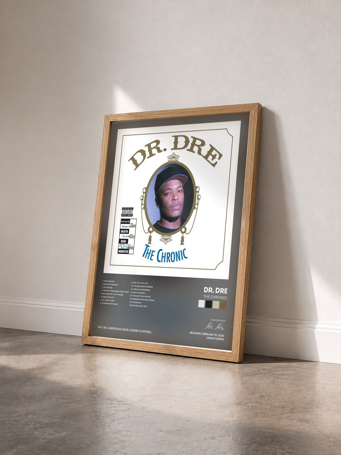#bois Tableau de l'album The Chronic de Dr. Dre vu de trois quarts, cadre en bois brut