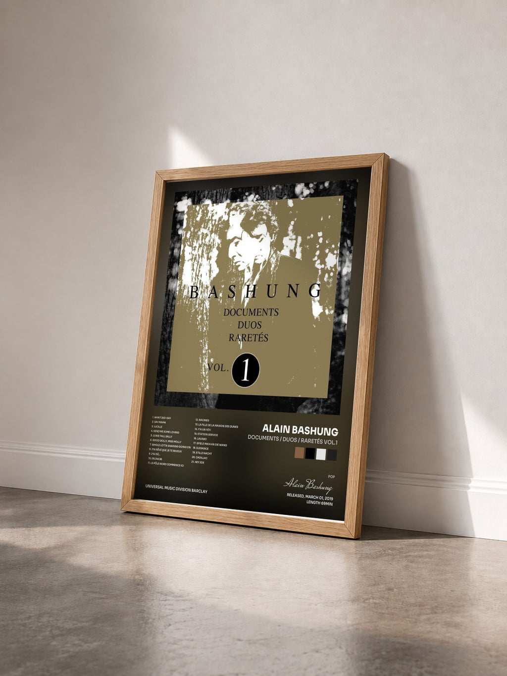 #bois Tableau de l'album Documents / Duos / Raretés Vol.1 de Alain Bashung vu de trois quarts, cadre en bois brut