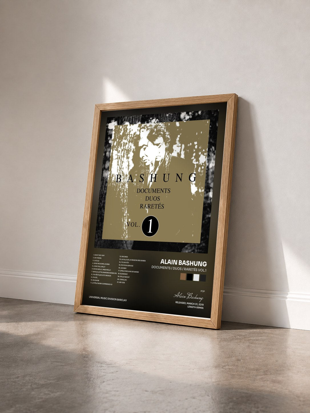 #bois Tableau de l'album Documents / Duos / Raretés Vol.1 de Alain Bashung vu de trois quarts, cadre en bois brut