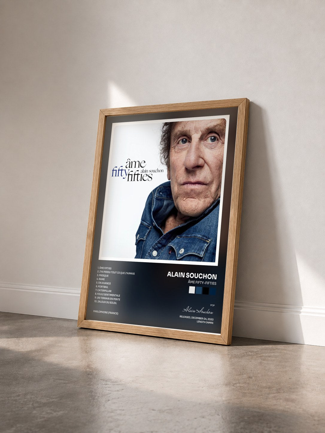 #bois Tableau de l'album Âme fifty-fifties de Alain Souchon vu de trois quarts, cadre en bois brut
