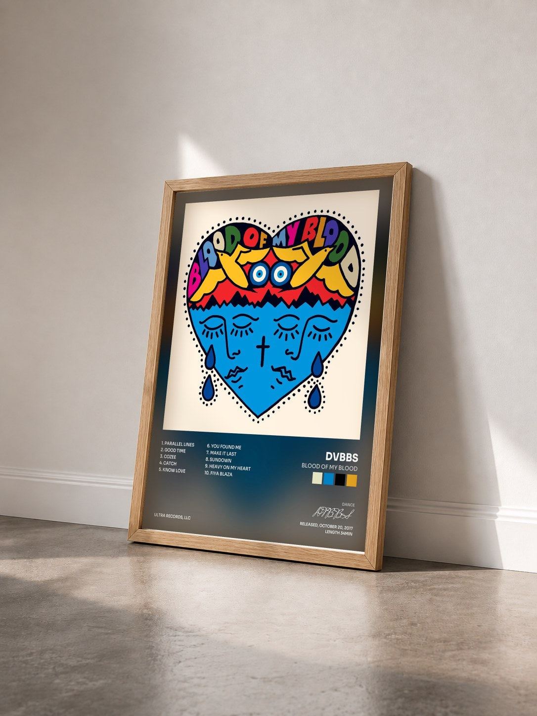 #bois Tableau de l'album Blood Of My Blood de DVBBS vu de trois quarts, cadre en bois brut