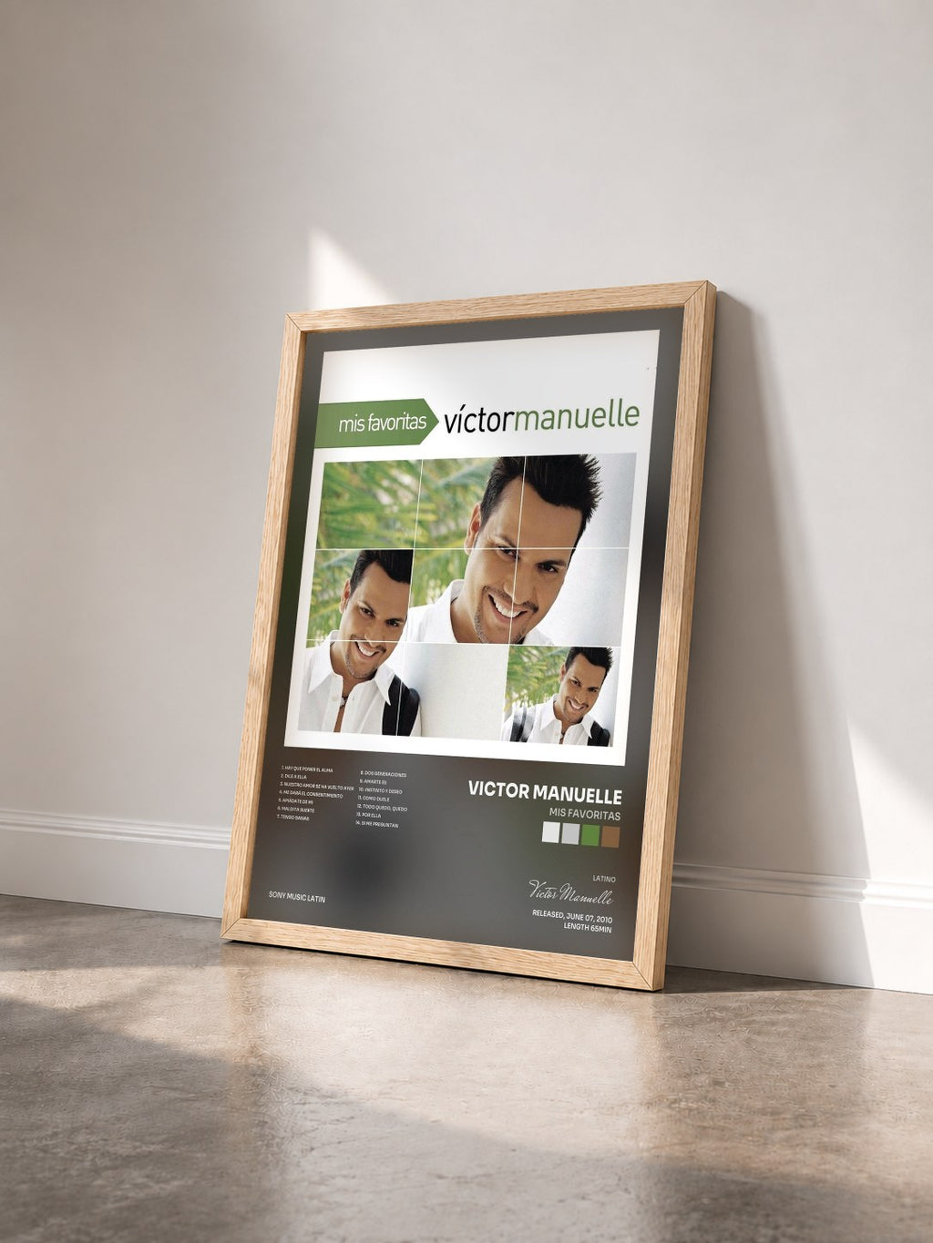 #bois Tableau de l'album Mis Favoritas de Victor Manuelle vu de trois quarts, cadre en bois brut