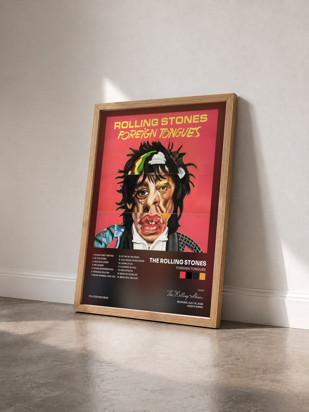 #bois Tableau de l'album Foreign Tongues de The Rolling Stones vu de trois quarts, cadre en bois brut