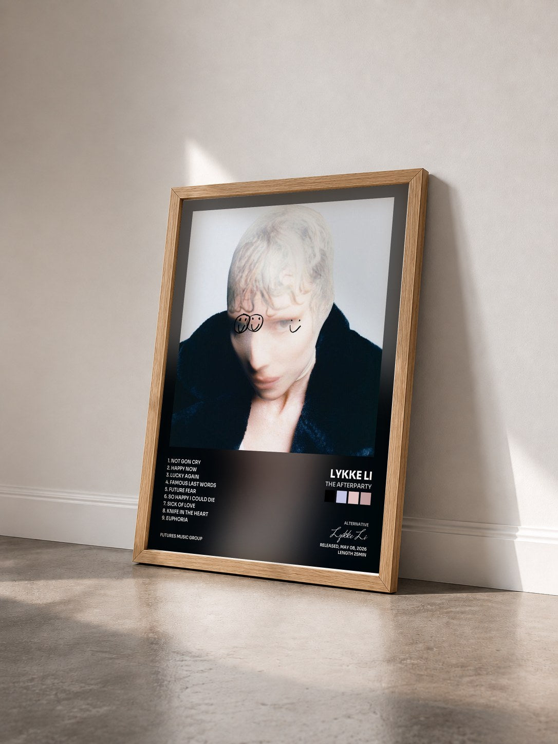 #bois Tableau de l'album The Afterparty de Lykke Li vu de trois quarts, cadre en bois brut