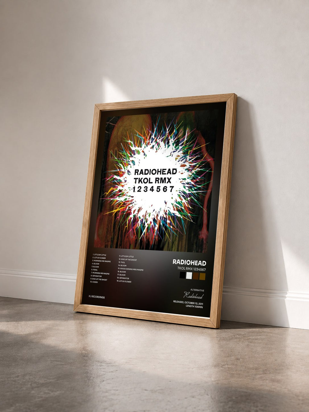 #bois Tableau de l'album TKOL RMX 1234567 de Radiohead vu de trois quarts, cadre en bois brut