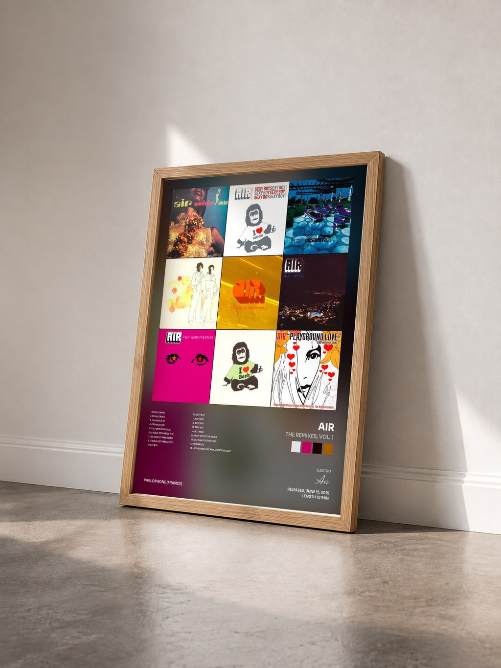 #bois Tableau de l'album The Remixes, Vol. 1 de Air vu de trois quarts, cadre en bois brut