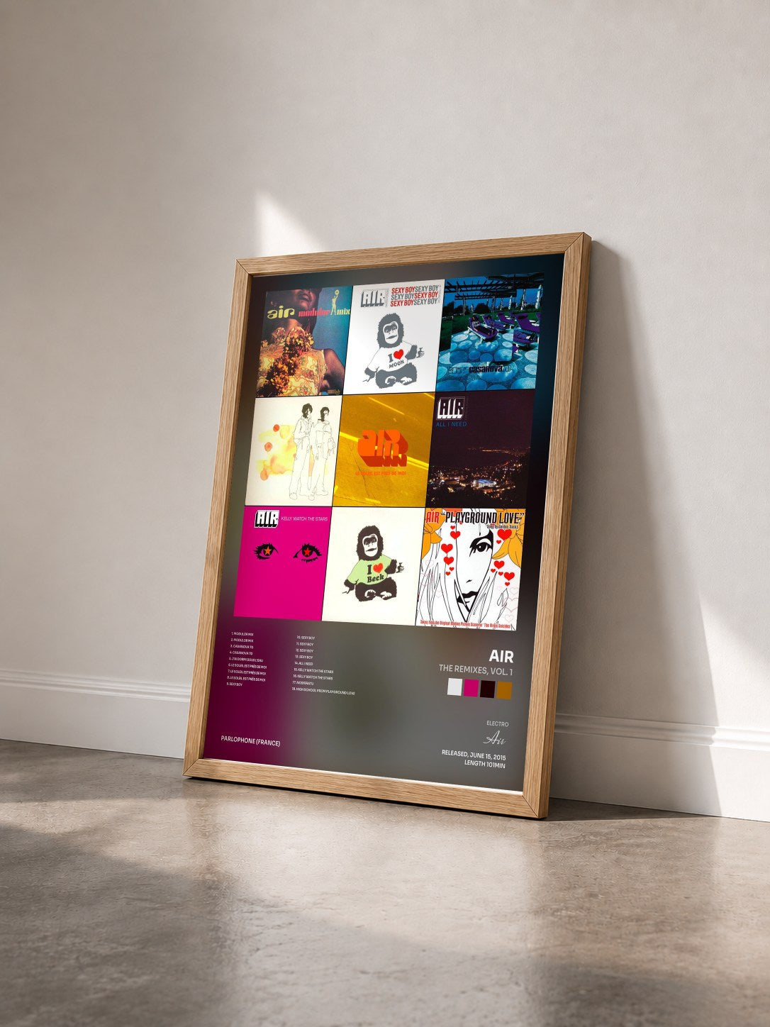 #bois Tableau de l'album The Remixes, Vol. 1 de Air vu de trois quarts, cadre en bois brut