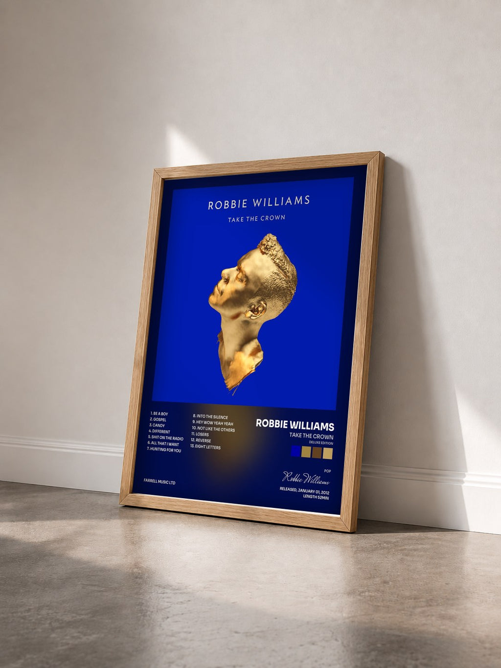 #bois Tableau de l'album Take The Crown (Deluxe Edition) de Robbie Williams vu de trois quarts, cadre en bois brut