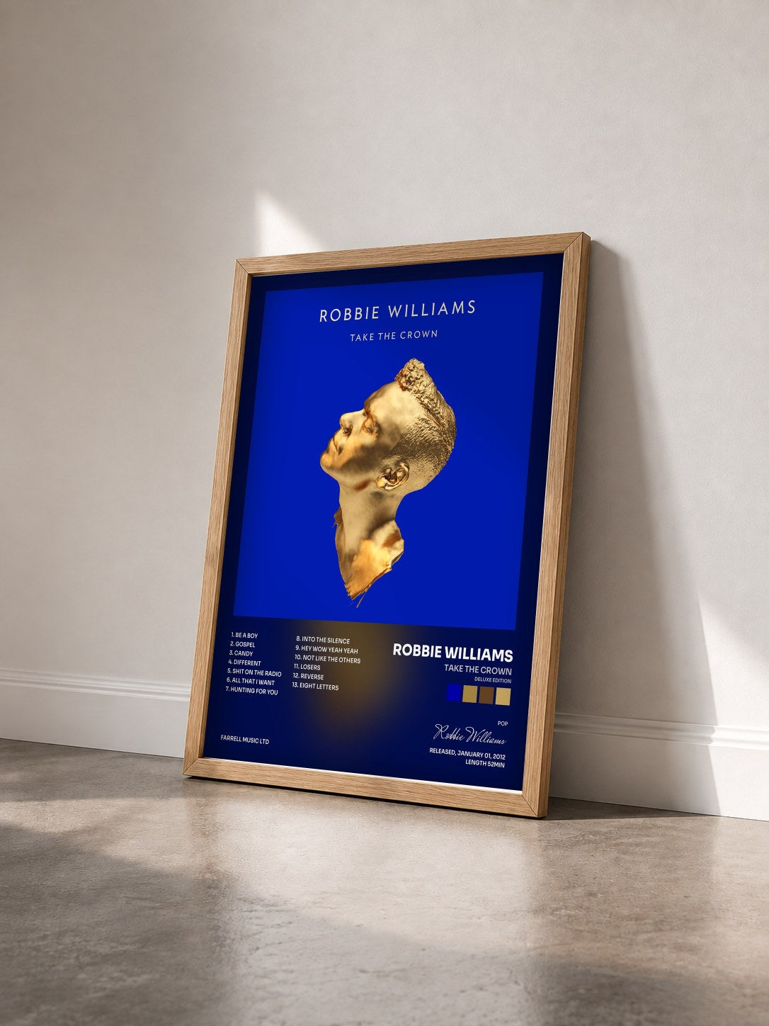 #bois Tableau de l'album Take The Crown (Deluxe Edition) de Robbie Williams vu de trois quarts, cadre en bois brut