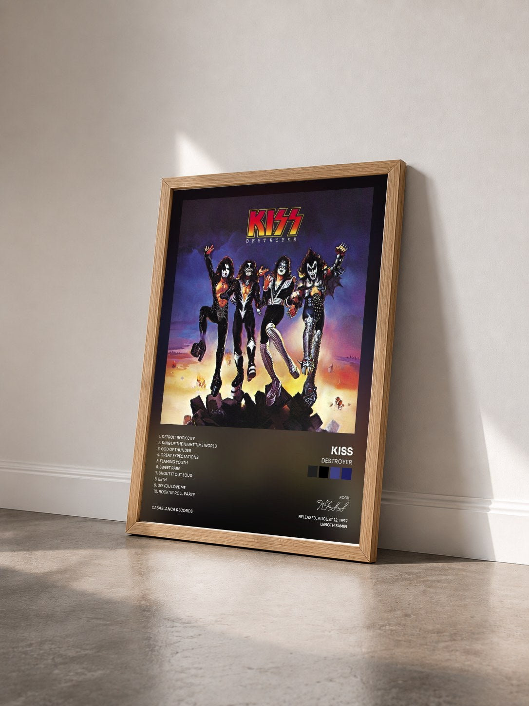 #bois Tableau de l'album Destroyer de KISS vu de trois quarts, cadre en bois brut