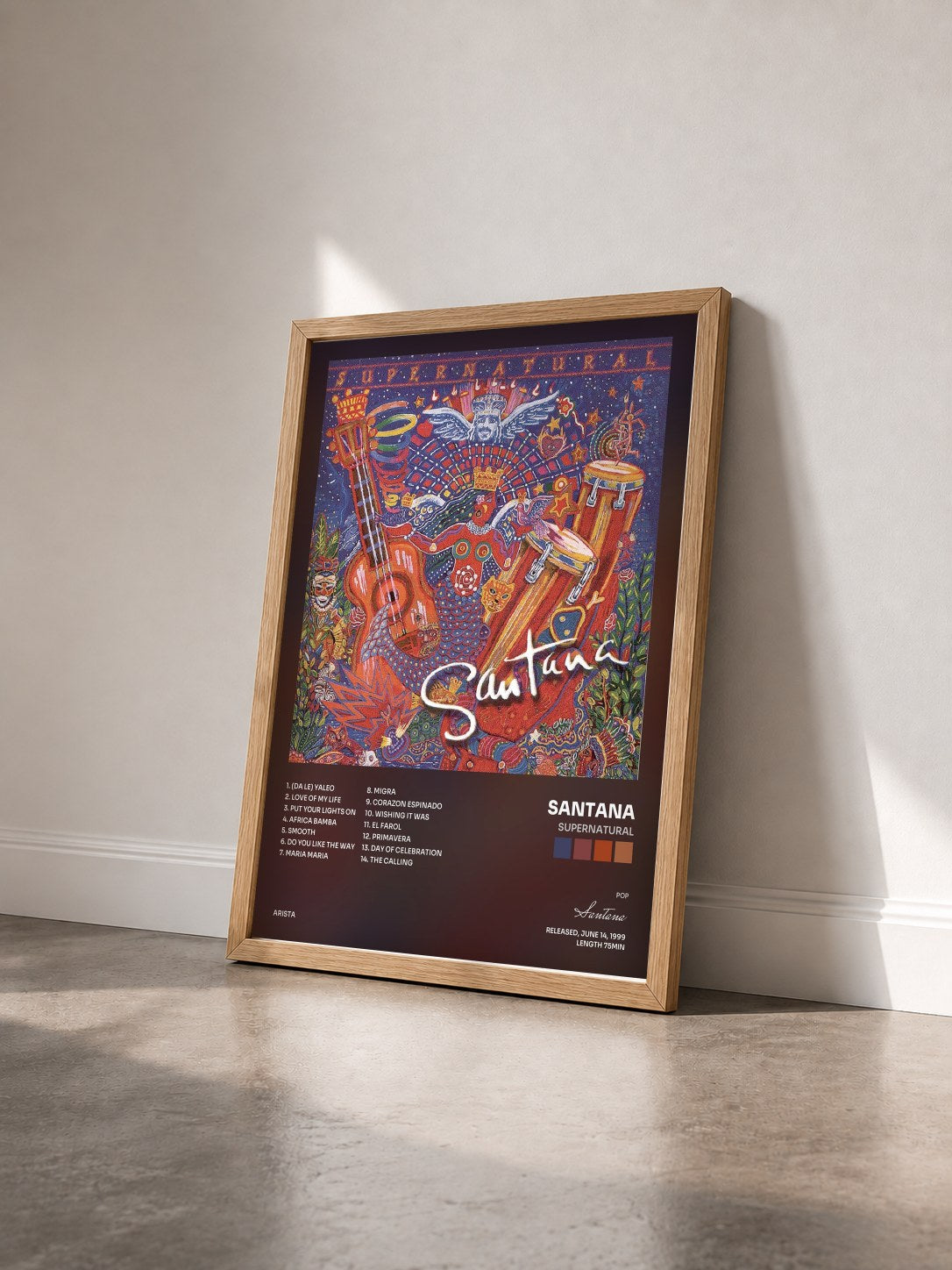 #bois Tableau de l'album Supernatural de Santana vu de trois quarts, cadre en bois brut