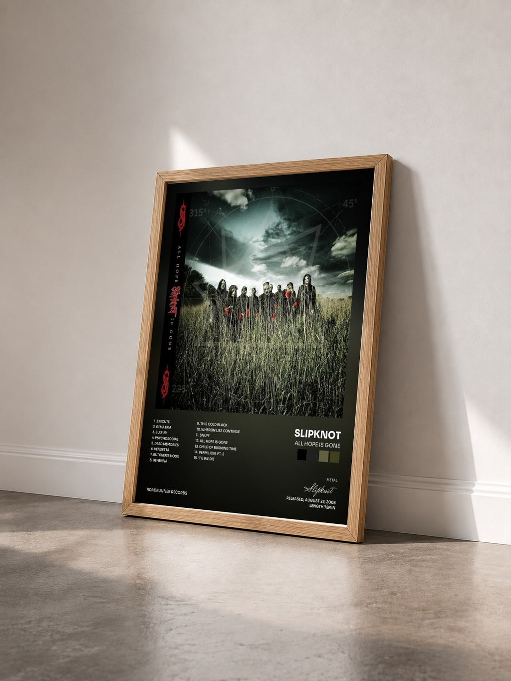 #bois Tableau de l'album All Hope Is Gone de Slipknot vu de trois quarts, cadre en bois brut