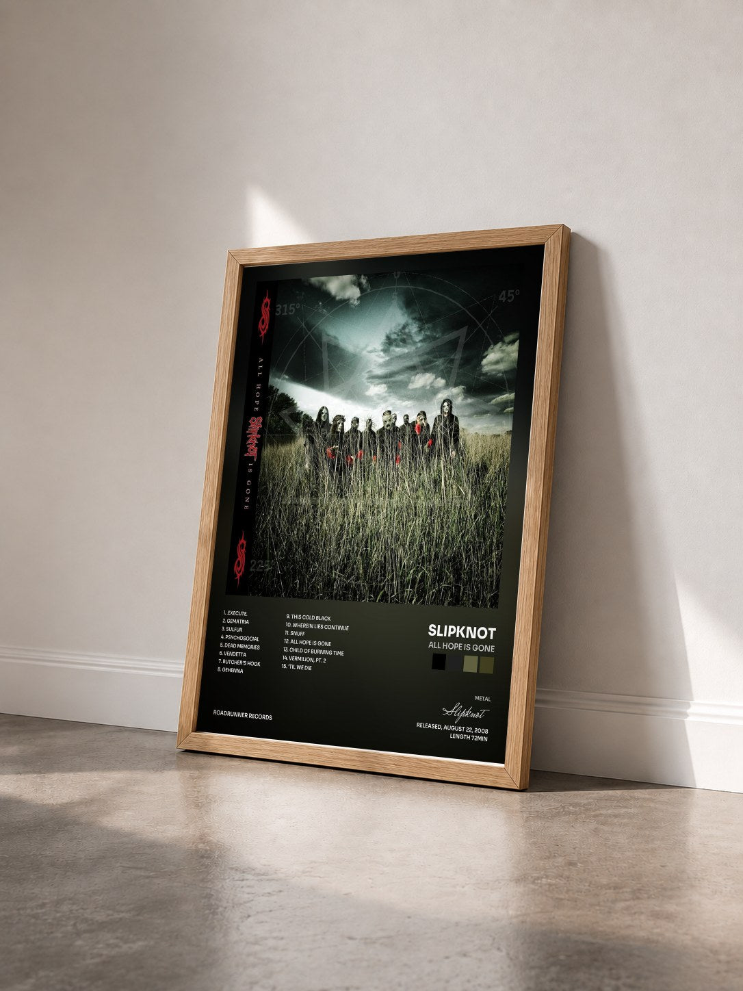 #bois Tableau de l'album All Hope Is Gone de Slipknot vu de trois quarts, cadre en bois brut