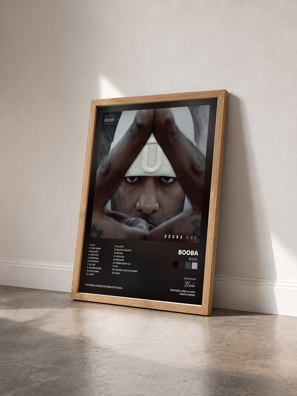 #bois Tableau de l'album D.U.C. de Booba vu de trois quarts, cadre en bois brut