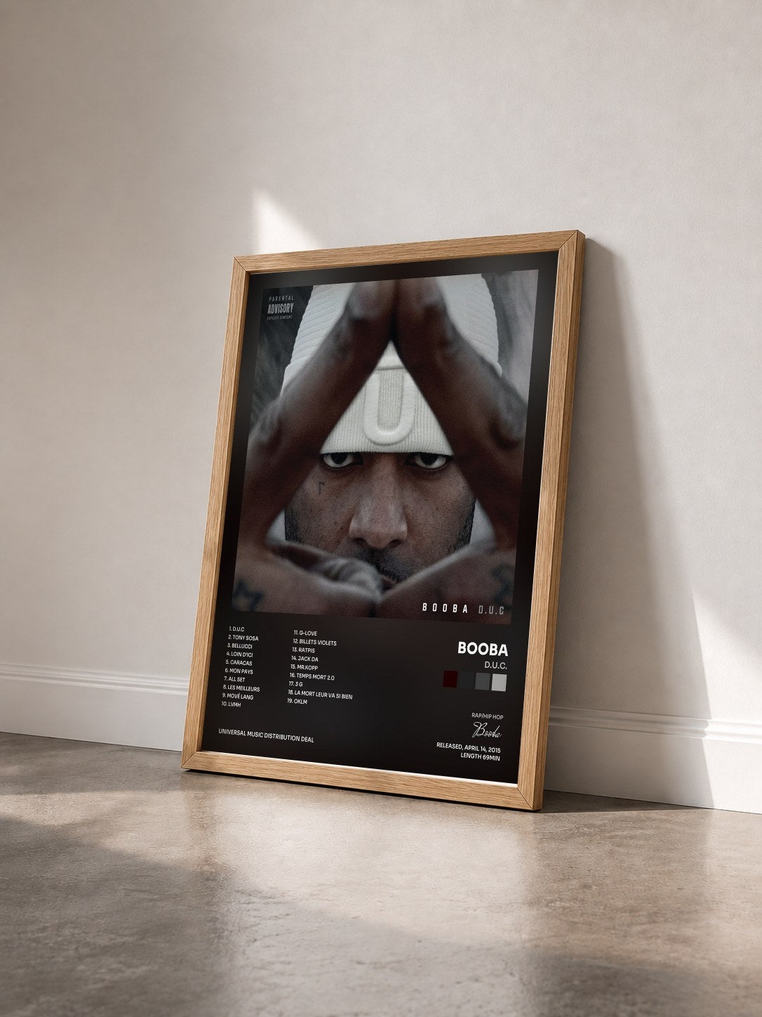 #bois Tableau de l'album D.U.C. de Booba vu de trois quarts, cadre en bois brut