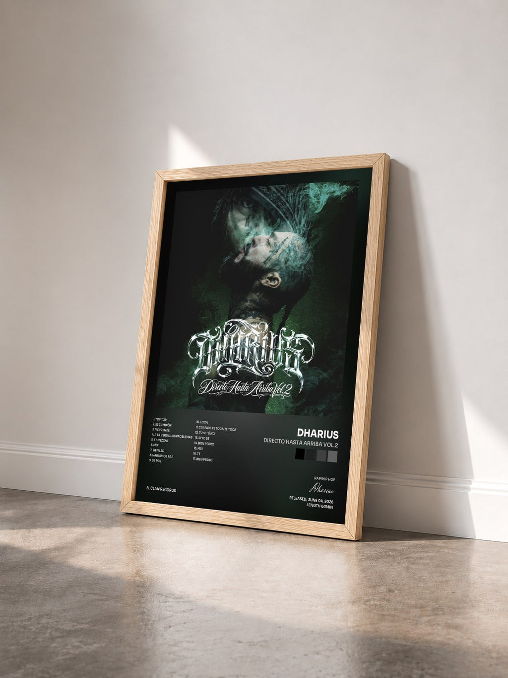#bois Tableau de l'album Directo Hasta Arriba Vol.2 de Dharius vu de trois quarts, cadre en bois brut