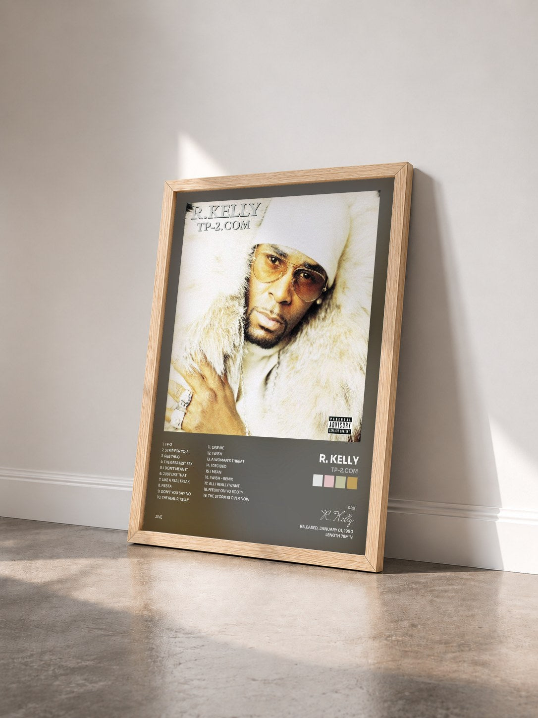 #bois Tableau de l'album TP-2.com de R. Kelly vu de trois quarts, cadre en bois brut