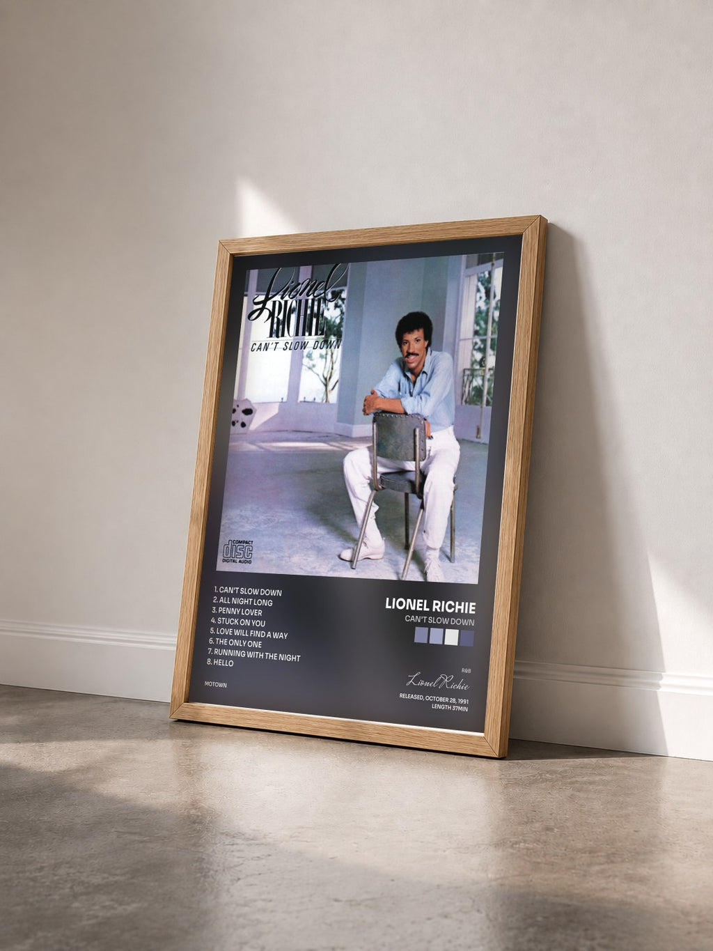 #bois Tableau de l'album Can't Slow Down de Lionel Richie vu de trois quarts, cadre en bois brut