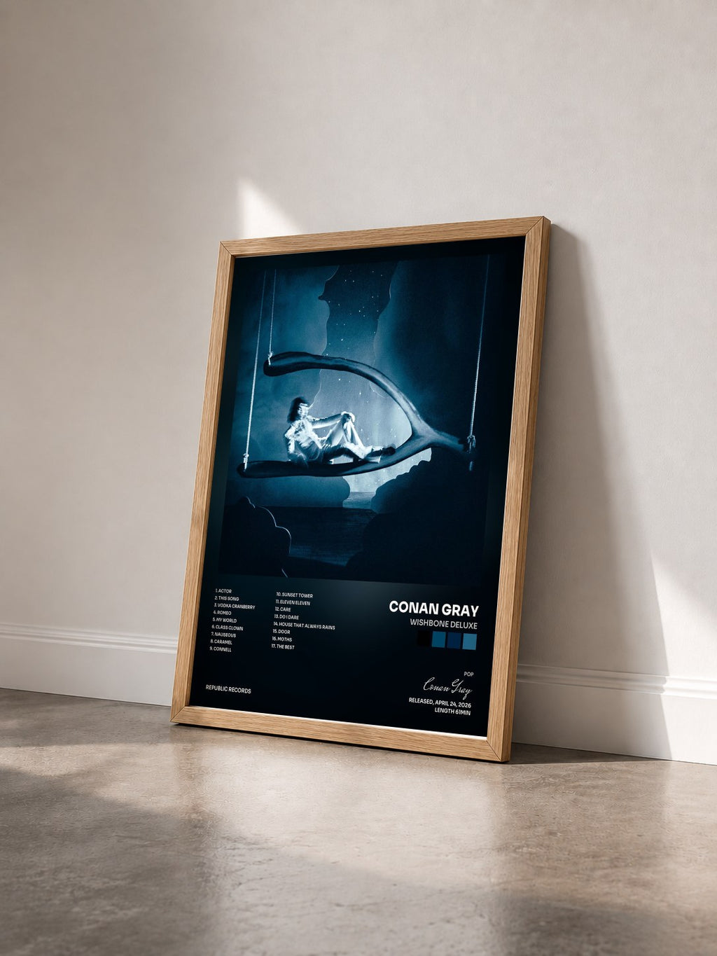 #bois Tableau de l'album Wishbone Deluxe de Conan Gray vu de trois quarts, cadre en bois brut