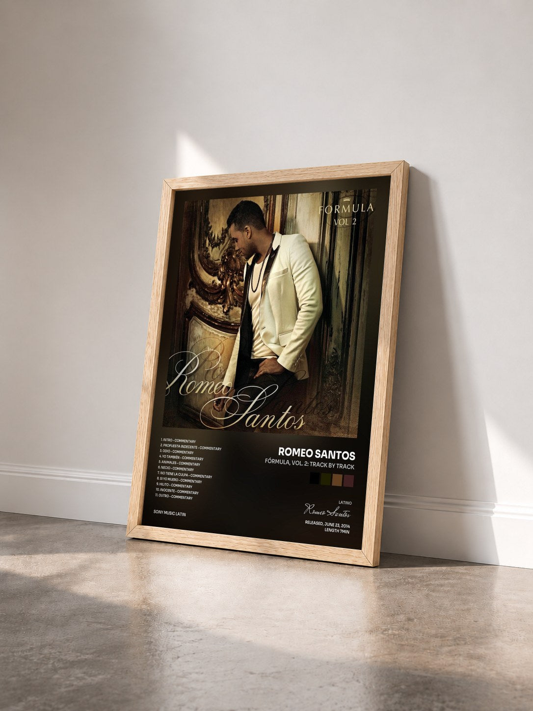 #bois Tableau de l'album Fórmula, Vol. 2: Track by Track de Romeo Santos vu de trois quarts, cadre en bois brut