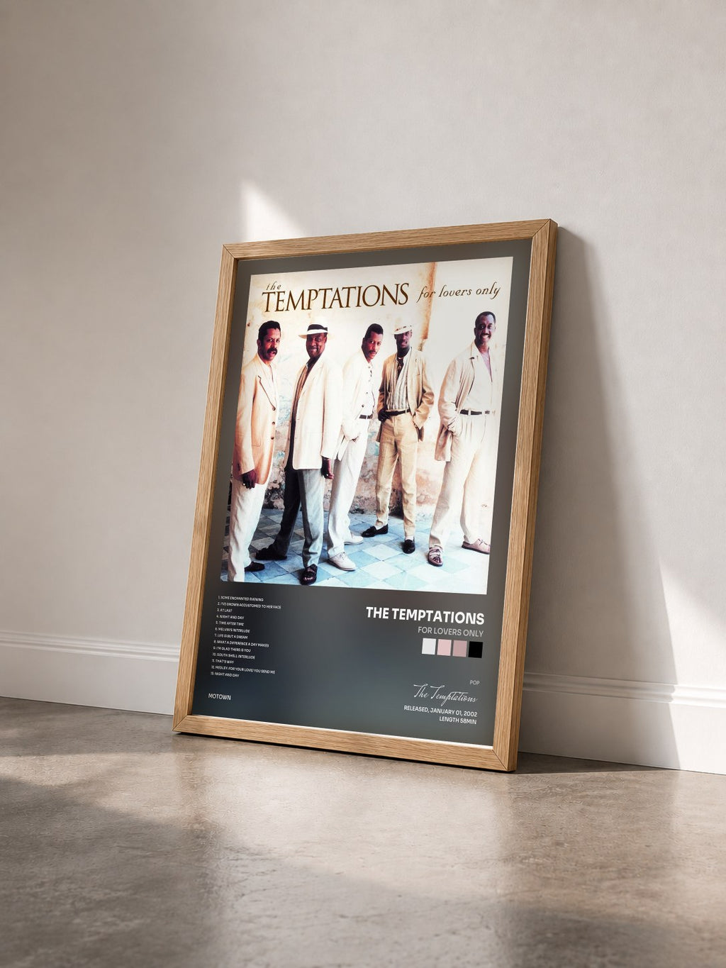 #bois Tableau de l'album For Lovers Only de The Temptations vu de trois quarts, cadre en bois brut