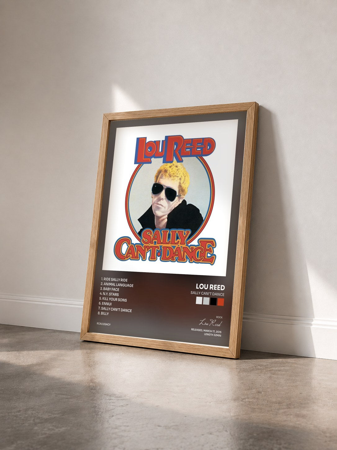 #bois Tableau de l'album Sally Can't Dance de Lou Reed vu de trois quarts, cadre en bois brut