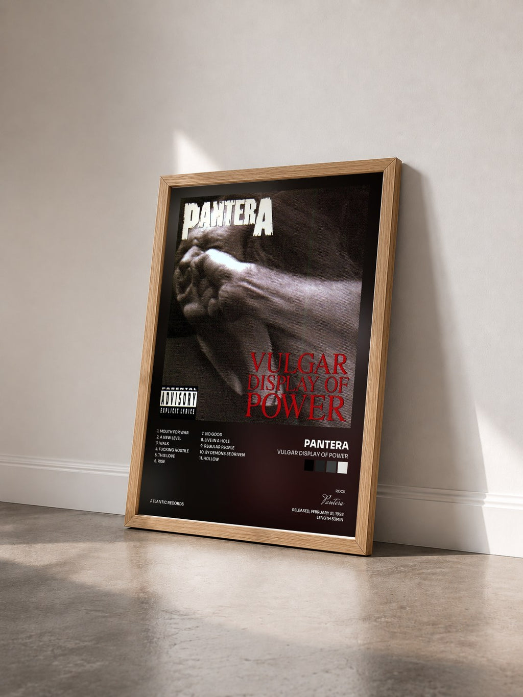 #bois Tableau de l'album Vulgar Display of Power de Pantera vu de trois quarts, cadre en bois brut