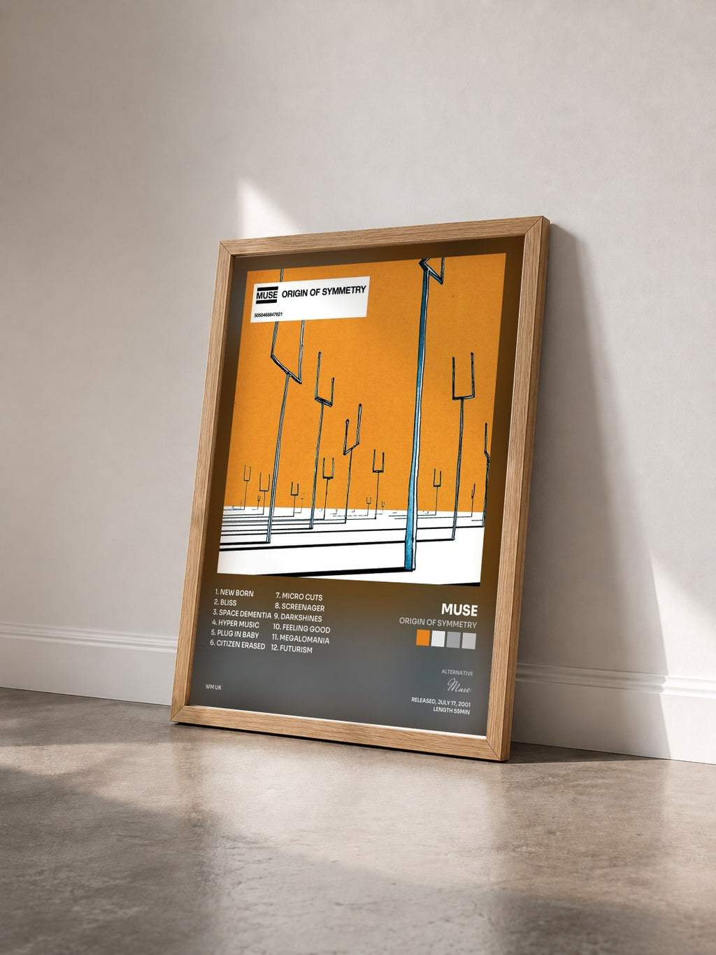 #bois Tableau de l'album Origin of Symmetry de Muse vu de trois quarts, cadre en bois brut