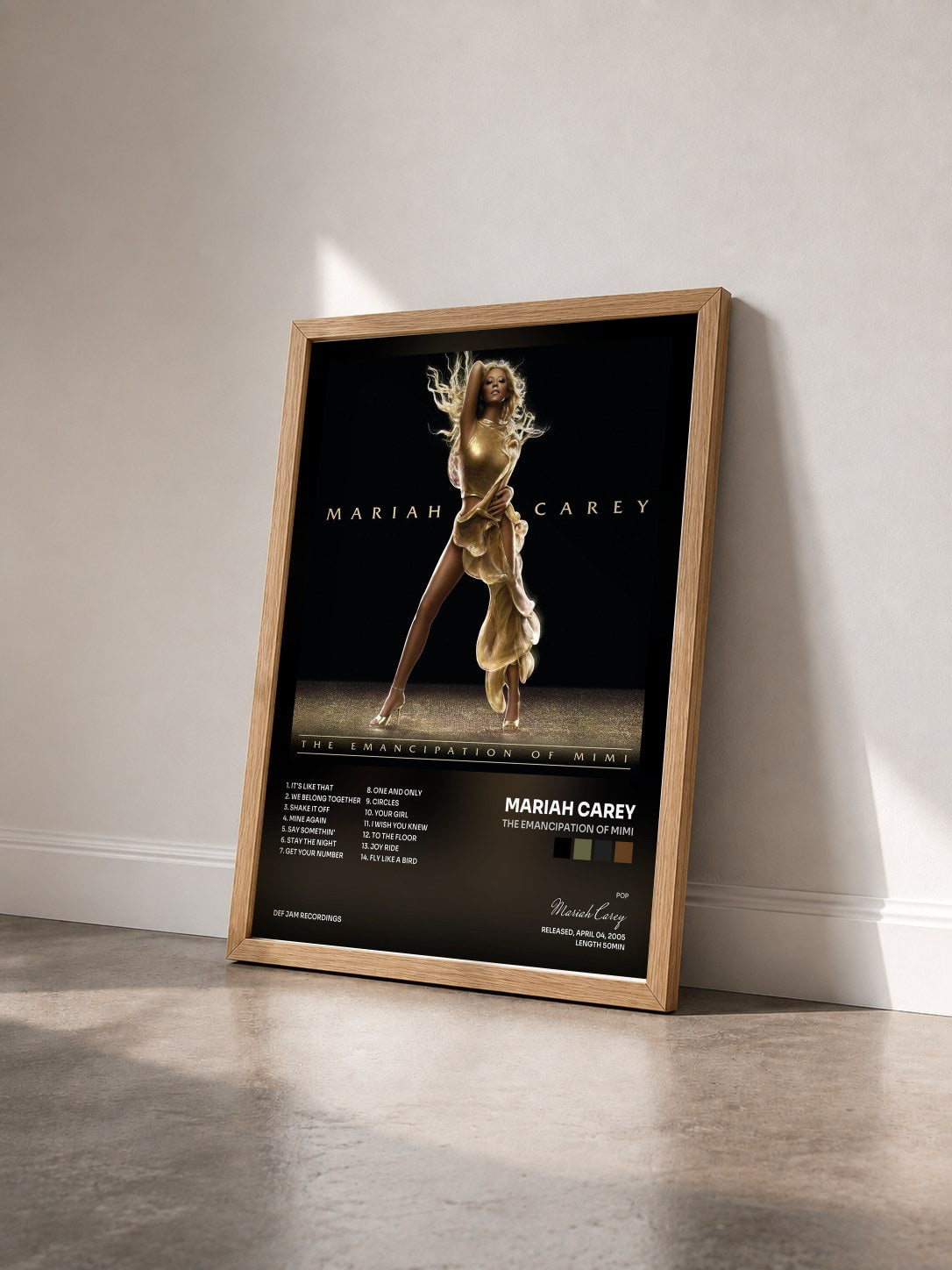 #bois Tableau de l'album The Emancipation of Mimi de Mariah Carey vu de trois quarts, cadre en bois brut