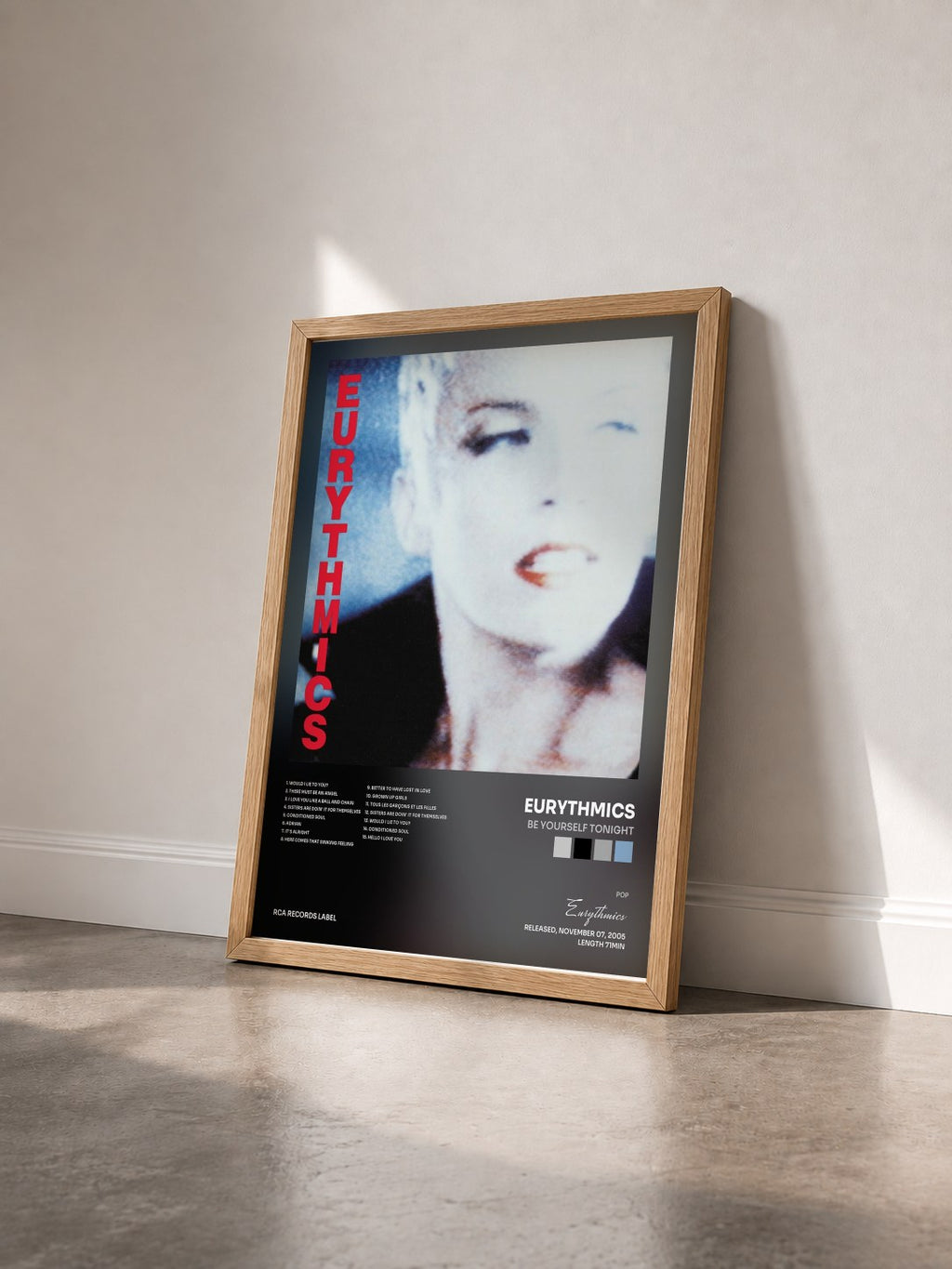 #bois Tableau de l'album Be Yourself Tonight de Eurythmics vu de trois quarts, cadre en bois brut