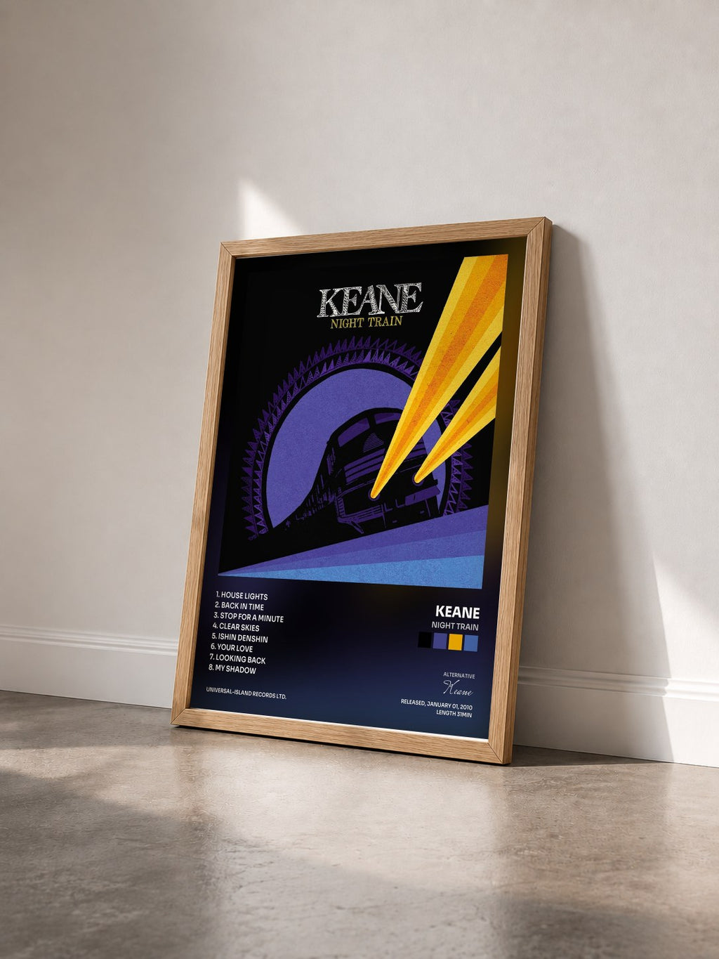 #bois Tableau de l'album Night Train de Keane vu de trois quarts, cadre en bois brut