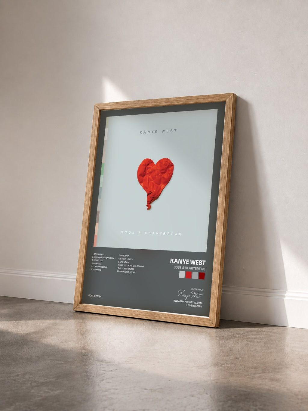 #bois Tableau de l'album 808s & Heartbreak de Kanye West vu de trois quarts, cadre en bois brut