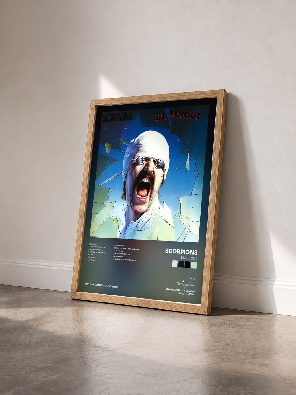 #bois Tableau de l'album Blackout de Scorpions vu de trois quarts, cadre en bois brut