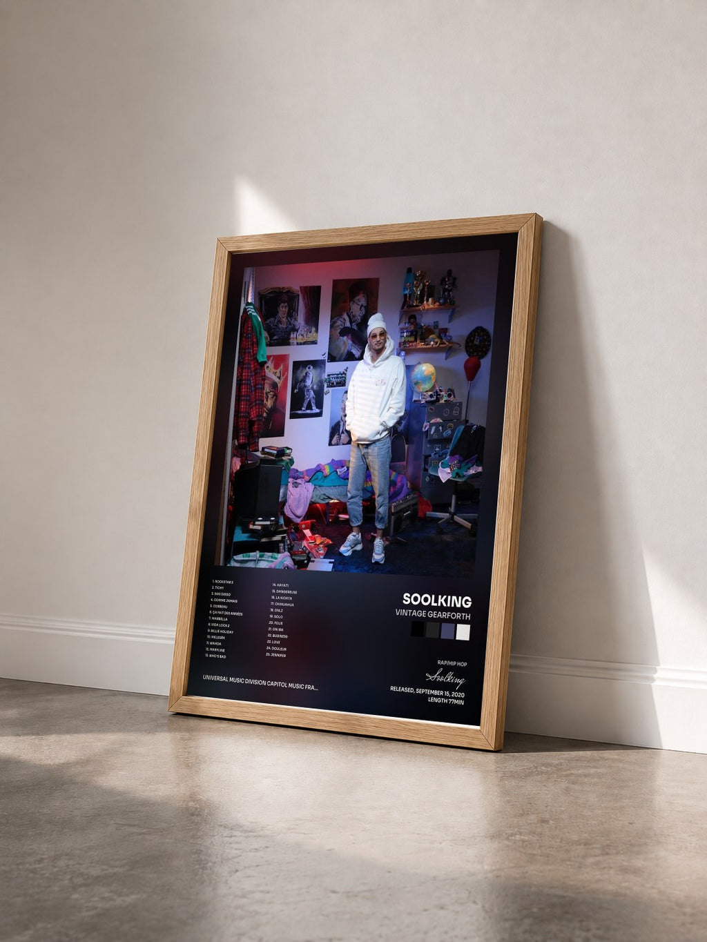 #bois Tableau de l'album Vintage Gearforth de Soolking vu de trois quarts, cadre en bois brut