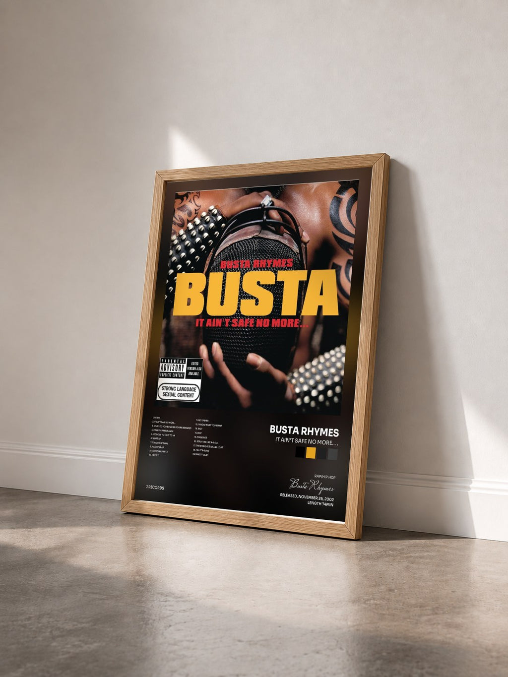 #bois Tableau de l'album It Ain't Safe No More de Busta Rhymes vu de trois quarts, cadre en bois brut