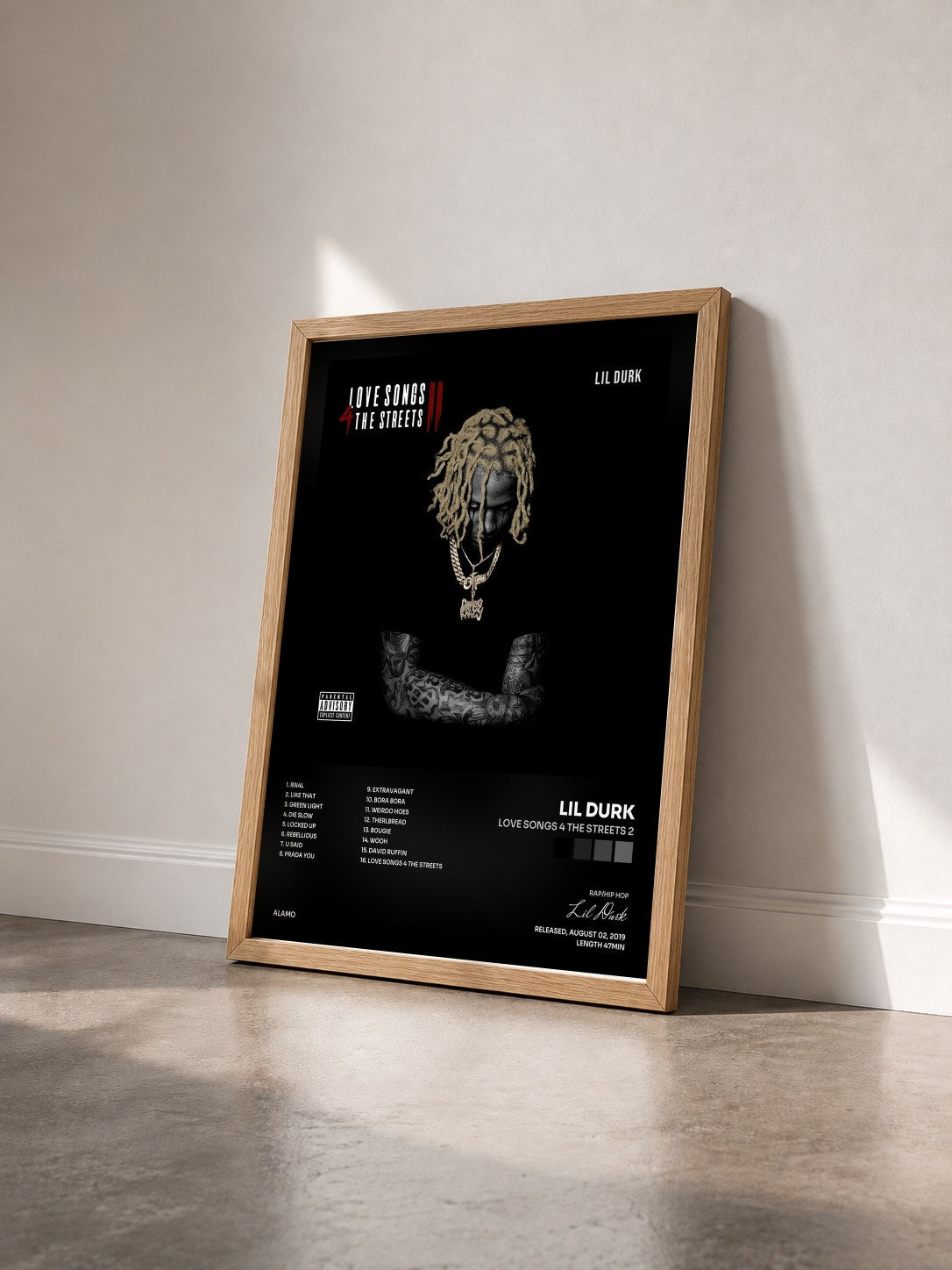 #bois Tableau de l'album Love Songs 4 the Streets 2 de Lil Durk vu de trois quarts, cadre en bois brut