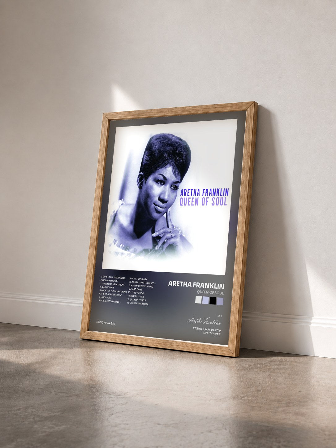 #bois Tableau de l'album Queen of Soul de Aretha Franklin vu de trois quarts, cadre en bois brut