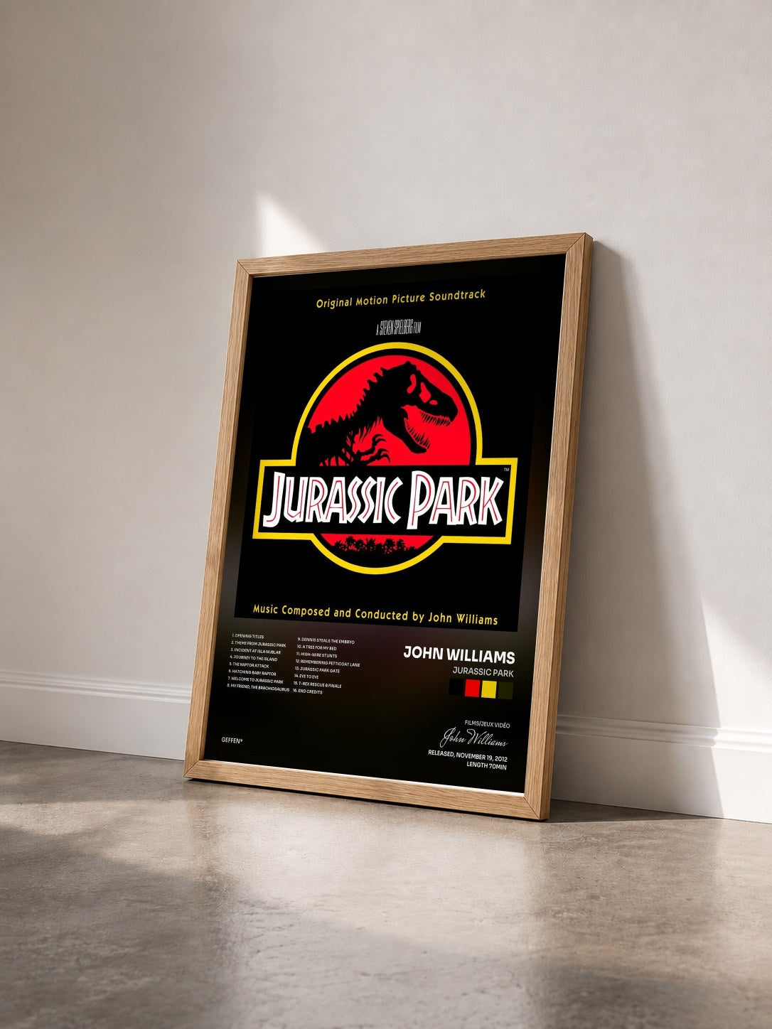 #bois Tableau de l'album Jurassic Park de John Williams vu de trois quarts, cadre en bois brut