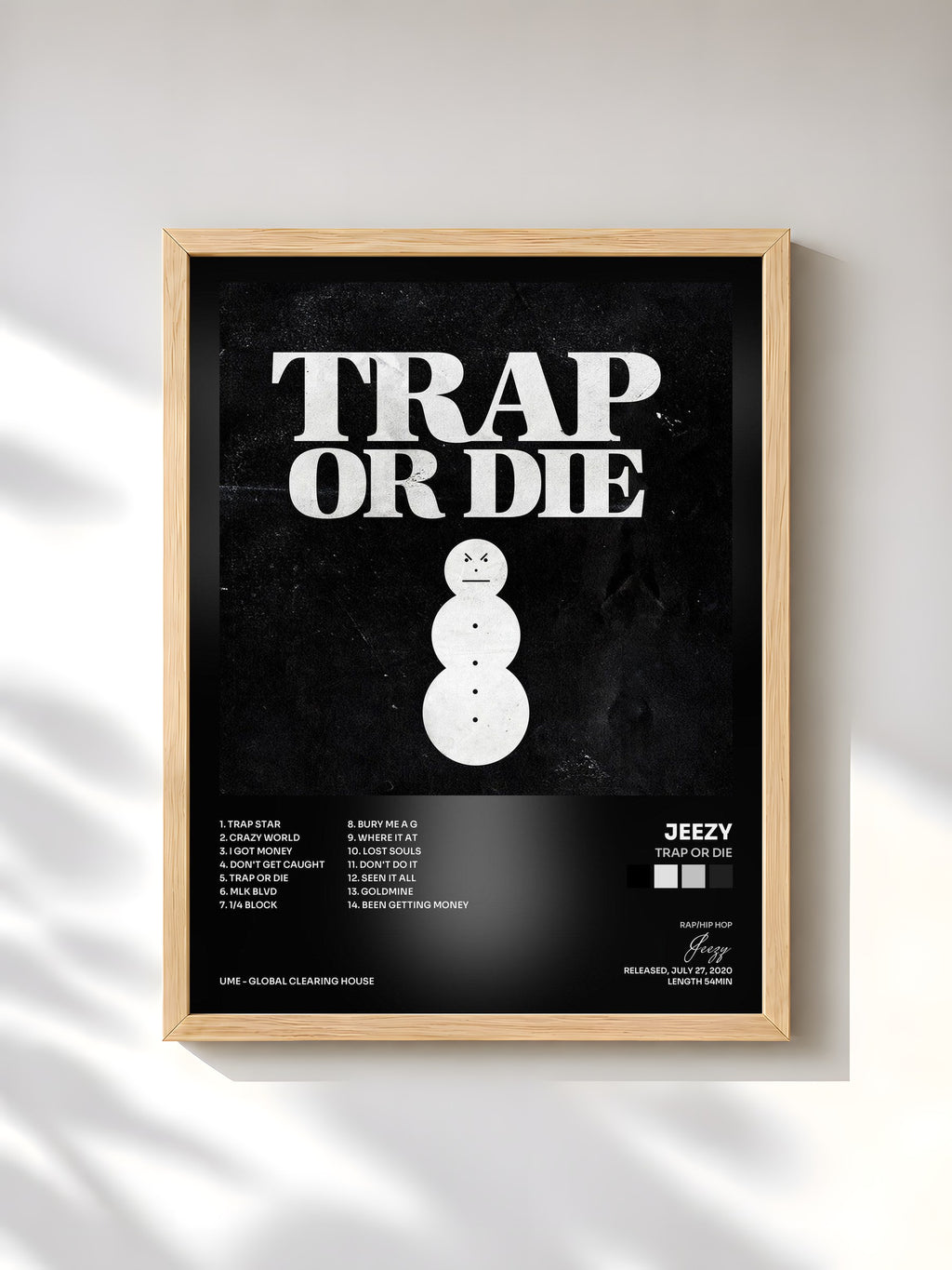 #bois Tableau de l'album Trap or Die de Jeezy, cadre en bois brut, imprimé et encadré en France