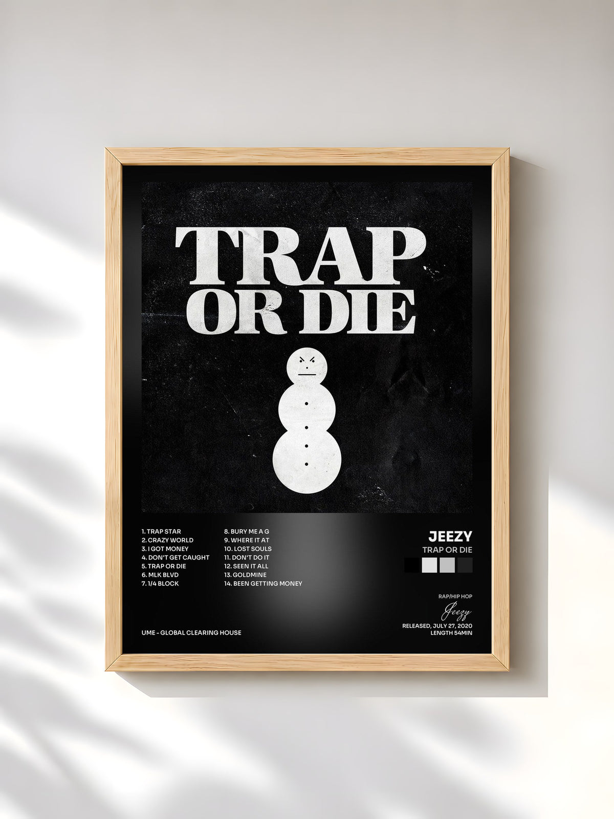 #bois Tableau de l'album Trap or Die de Jeezy, cadre en bois brut, imprimé et encadré en France