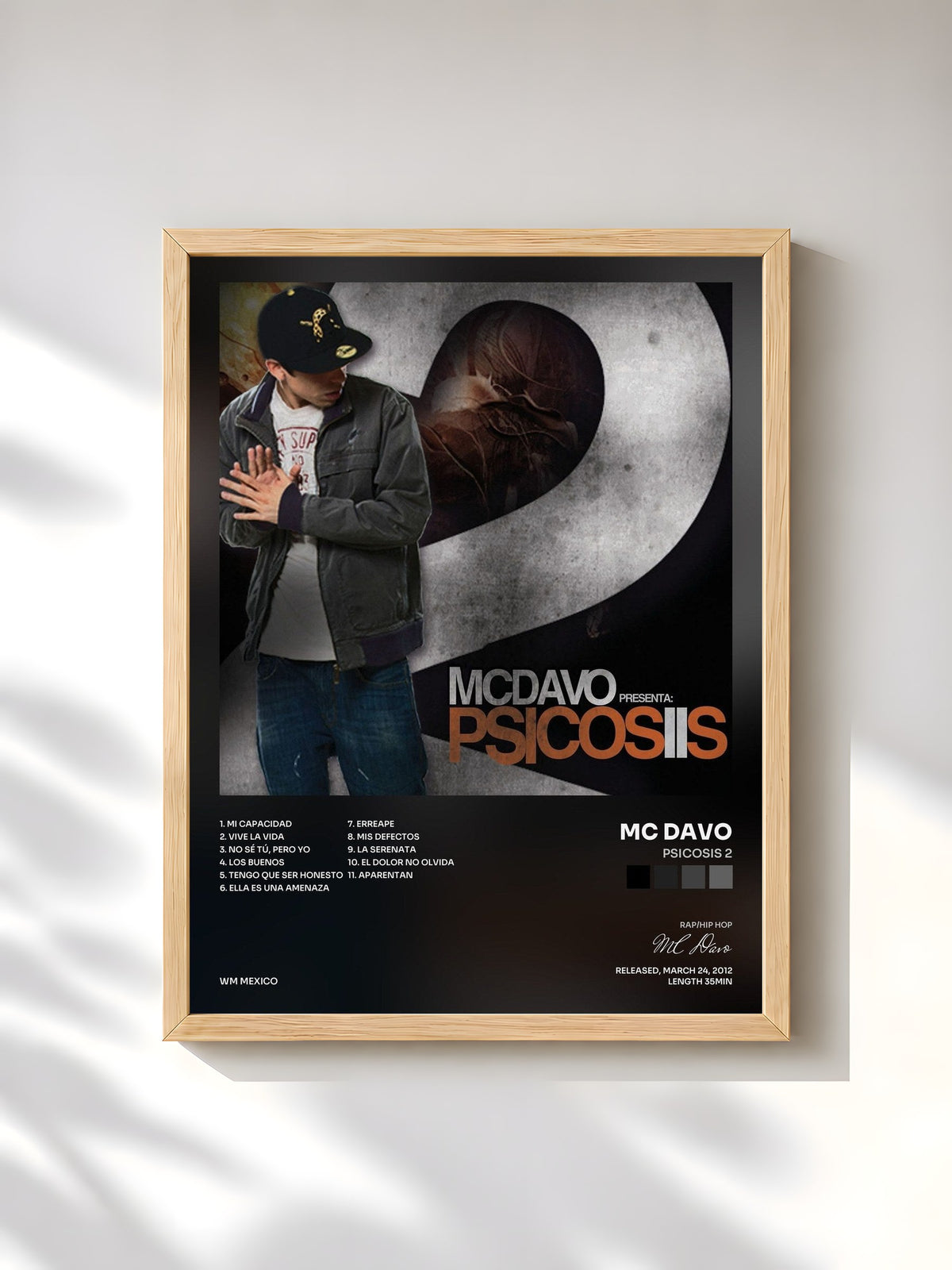 #bois Tableau de l'album Psicosis 2 de MC Davo, cadre en bois brut, imprimé et encadré en France
