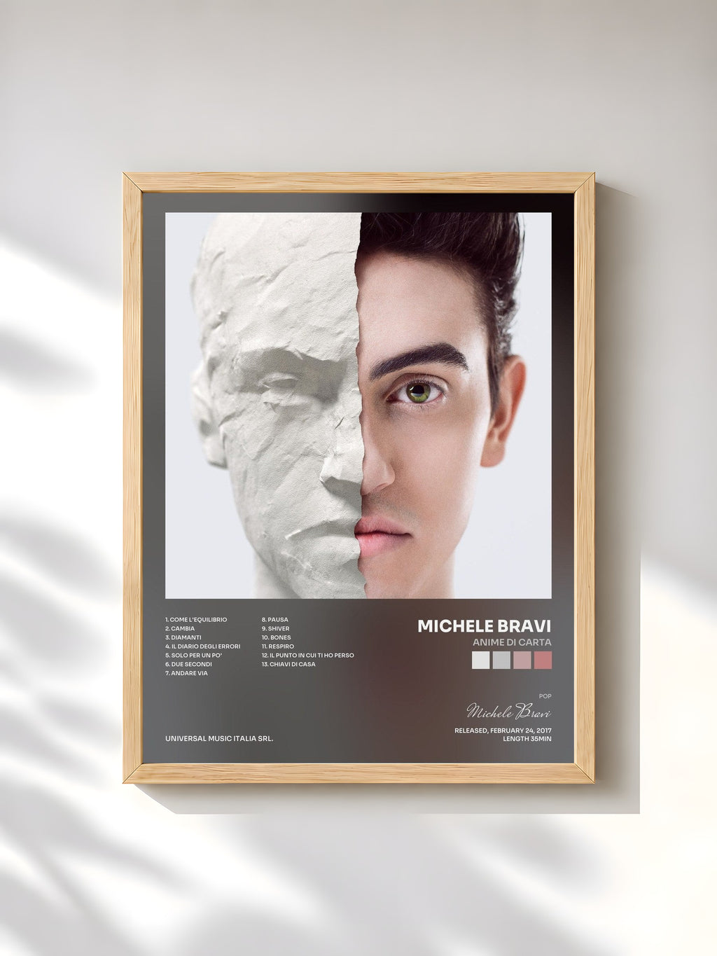 #bois Tableau de l'album Anime Di Carta de Michele Bravi, cadre en bois brut, imprimé et encadré en France