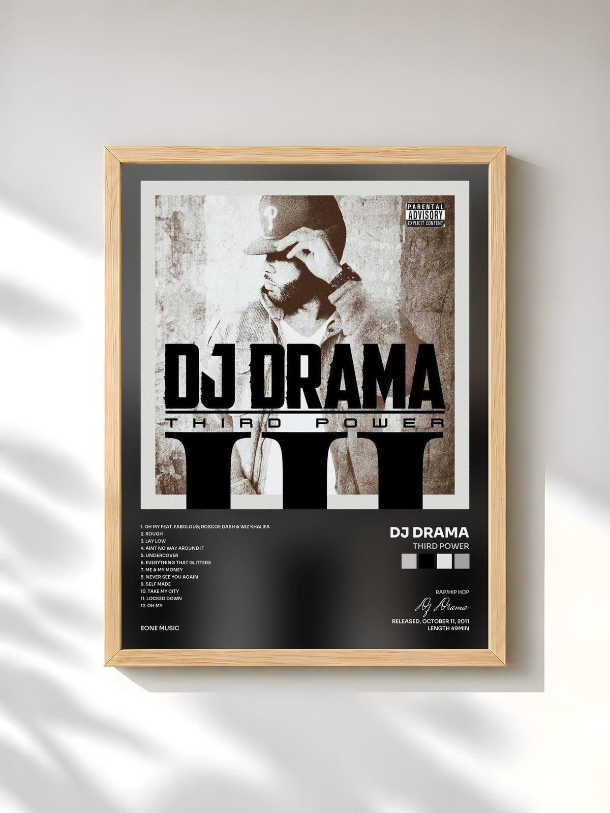 #bois Tableau de l'album Third Power de Dj Drama, cadre en bois brut, imprimé et encadré en France
