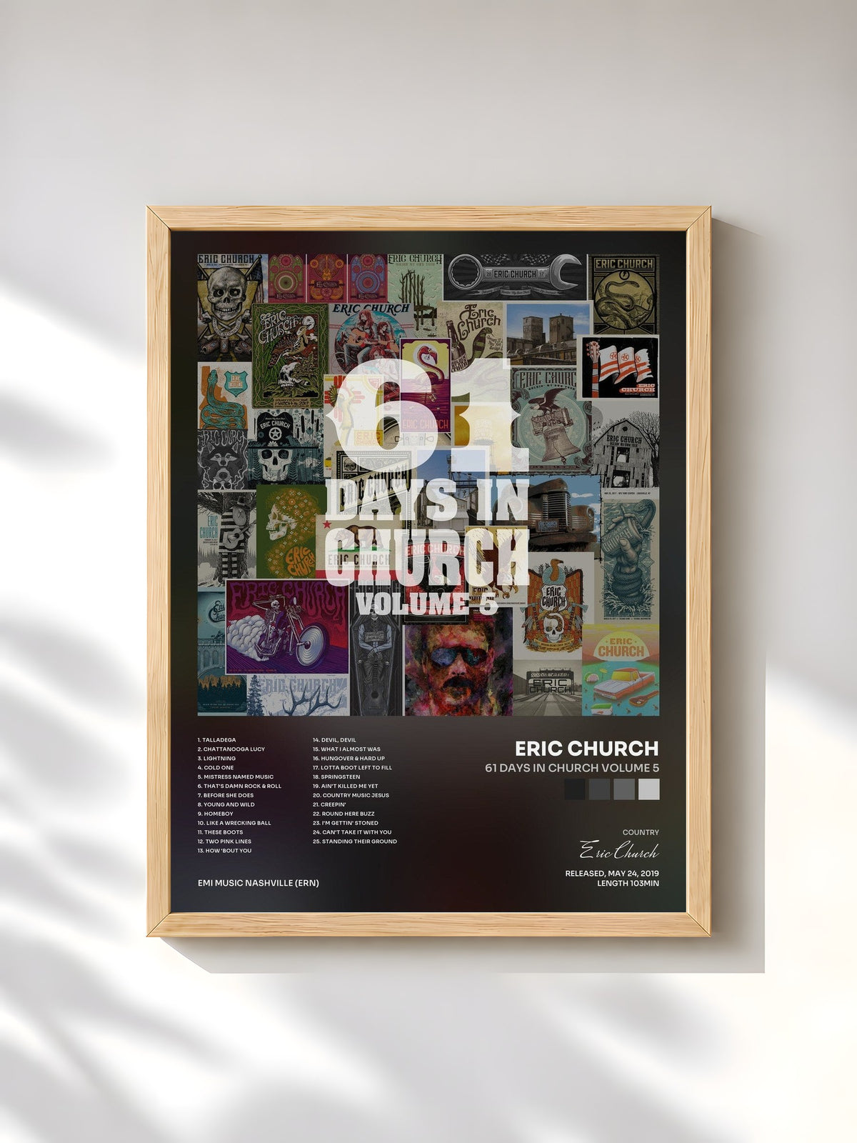 #bois Tableau de l'album 61 Days In Church Volume 5 de Eric Church, cadre en bois brut, imprimé et encadré en France