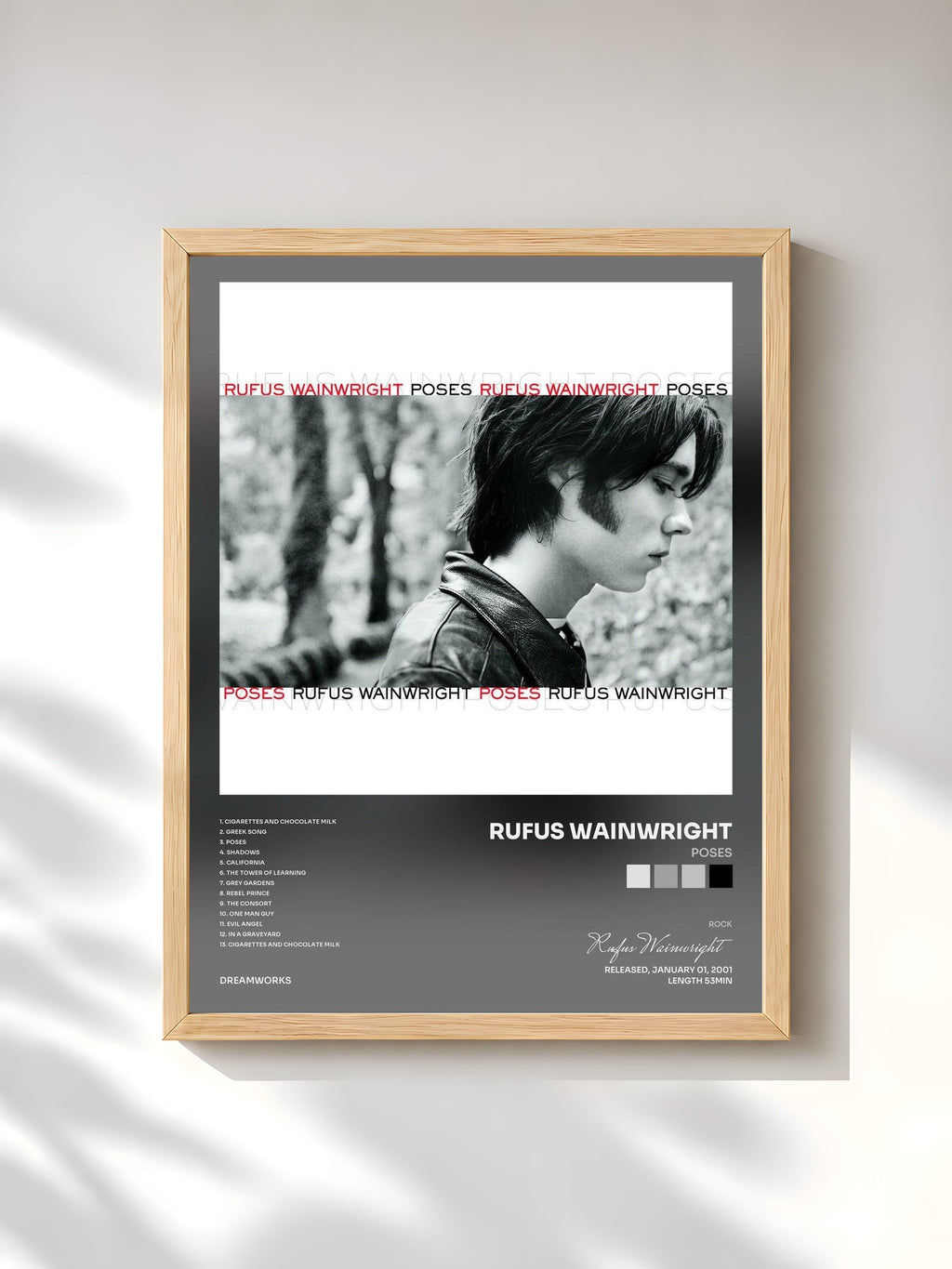 #bois Tableau de l'album Poses de Rufus Wainwright, cadre en bois brut, imprimé et encadré en France