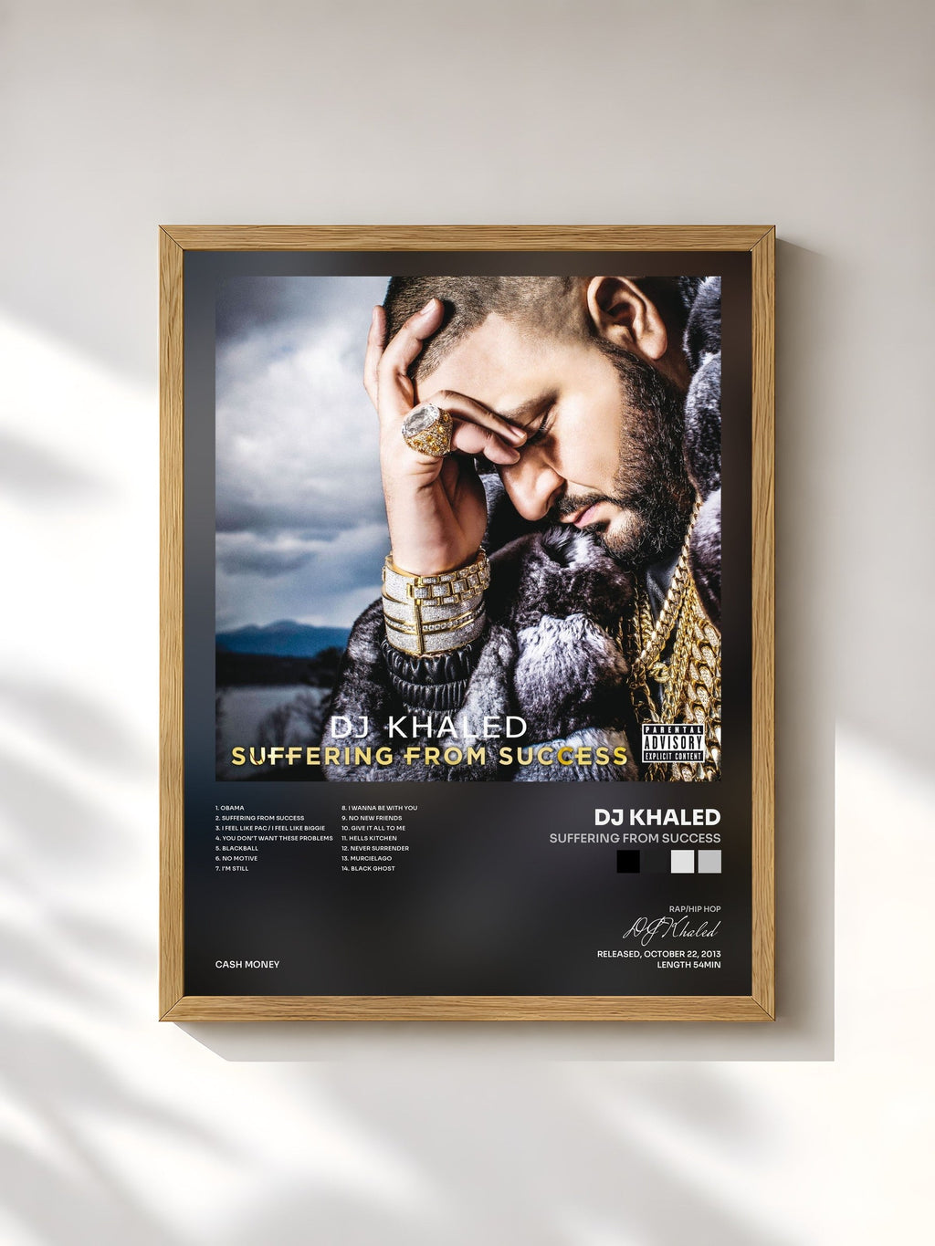 #bois Tableau de l'album Suffering From Success de DJ Khaled, cadre en bois brut, imprimé et encadré en France