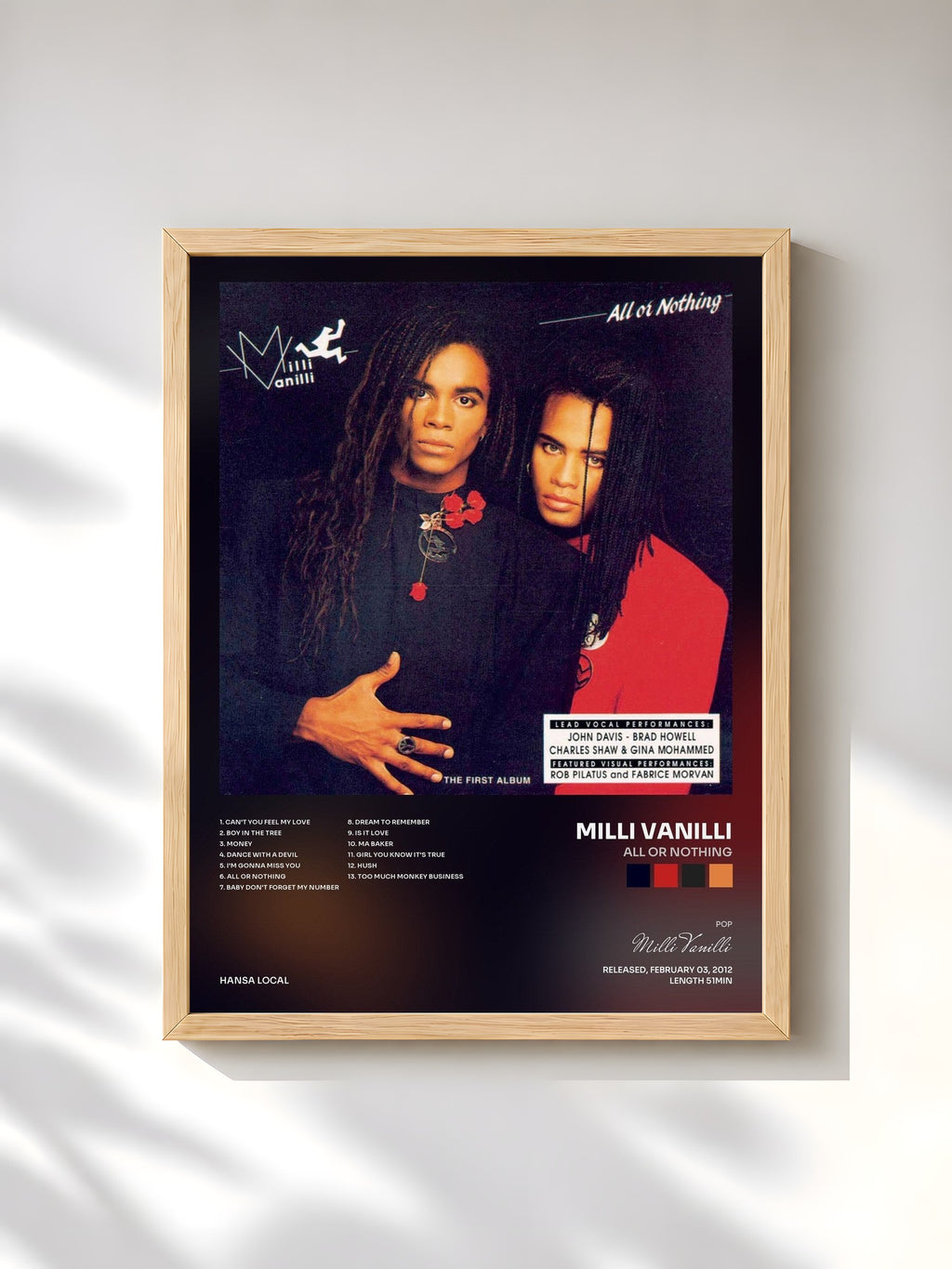 #bois Tableau de l'album All Or Nothing de Milli Vanilli, cadre en bois brut, imprimé et encadré en France