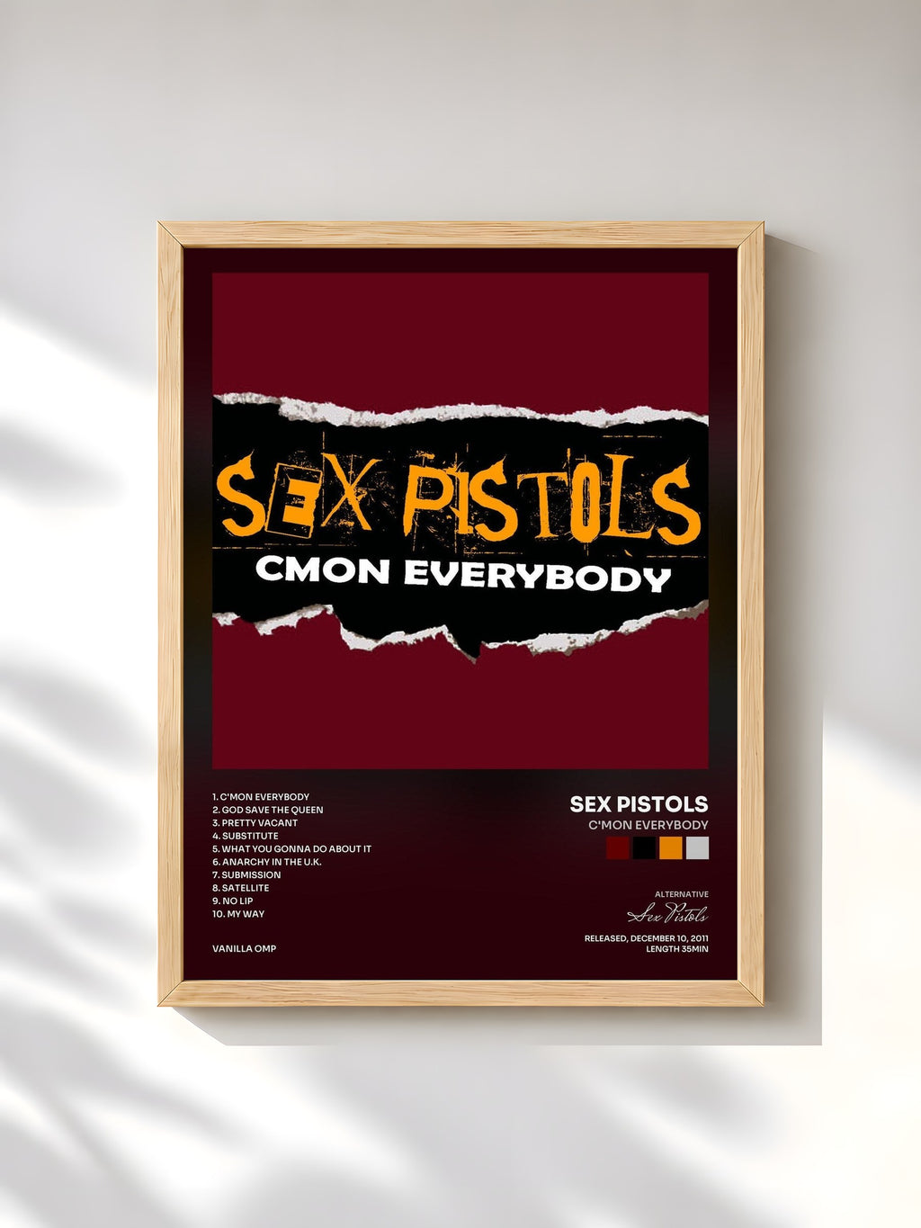 #bois Tableau de l'album C'mon Everybody de Sex Pistols, cadre en bois brut, imprimé et encadré en France