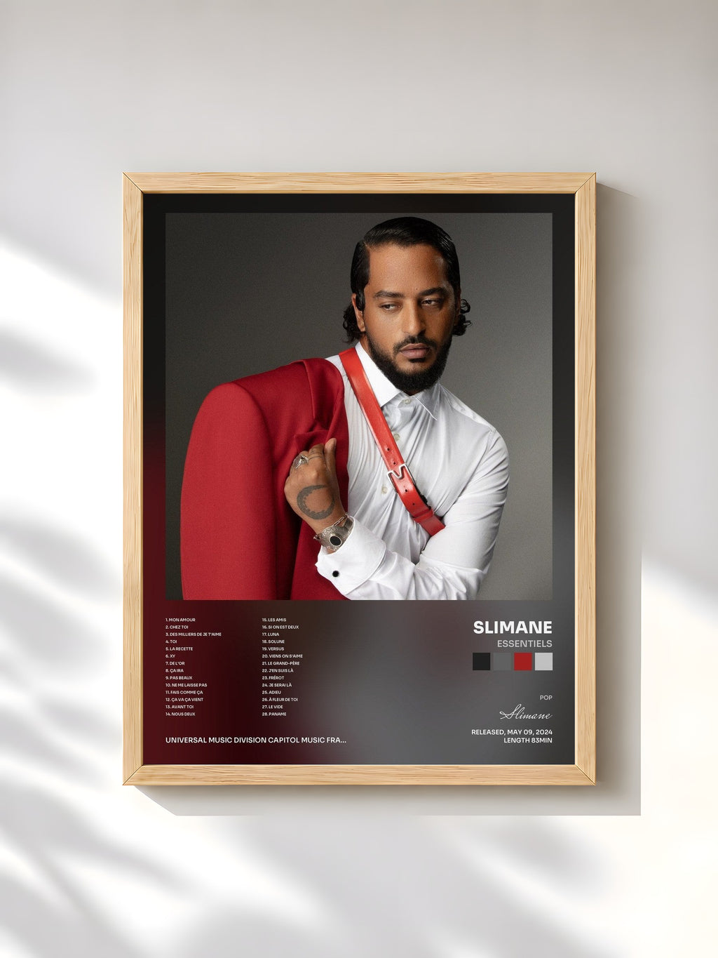 #bois Tableau de l'album Essentiels de Slimane, cadre en bois brut, imprimé et encadré en France